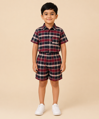 Polyester Checked Shirt and Shorts Set for Boy Kids Casual Wear Half Sleeve Co-Ord Set with Elastic Waist Shorts | Age 6 to 7 Years