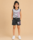 Girls Cute Cat Print | Sleeveless T-Shirt & Shorts Co-ord Set | Age 4 to 11 Years (Pack Of 1 Set)