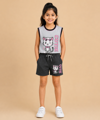 Girls Cute Cat Print | Sleeveless T-Shirt & Shorts Co-ord Set | Age 4 to 11 Years (Pack Of 1 Set)