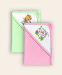 Interlock Baby Bath Hooded Towel with with Cartoon Printed | Size 90x76 Cms (Pack of 2)