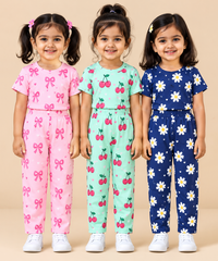 Girl Kids All Over Printed Tshirt and pant Co-ord Set | Age 6 Months to 4 Years (Pack of 3 Sets)