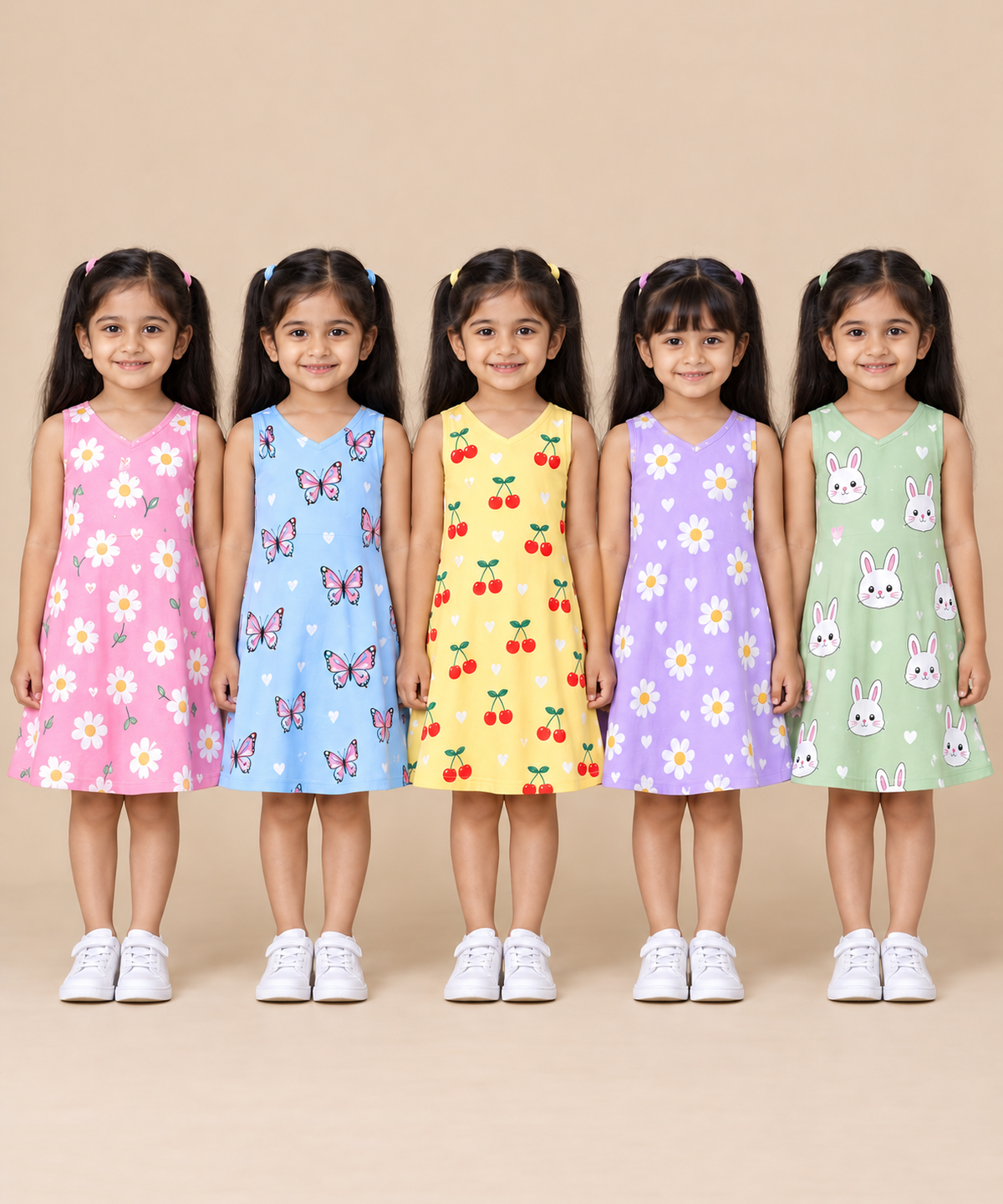 Girls 100% Cotton All Over Printed 2 To 5 Years Gown Dress/Frock Dress (Pack of 5)