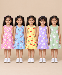 Girls 100% Cotton All Over Printed 2 To 5 Years Gown Dress/Frock Dress (Pack of 5)