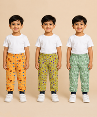 Kids Printed Cotton Track Pants for Boys | Soft Elastic Waist Full Length Joggers | Age 6 Months-5 Years | Pack of 3 Pieces