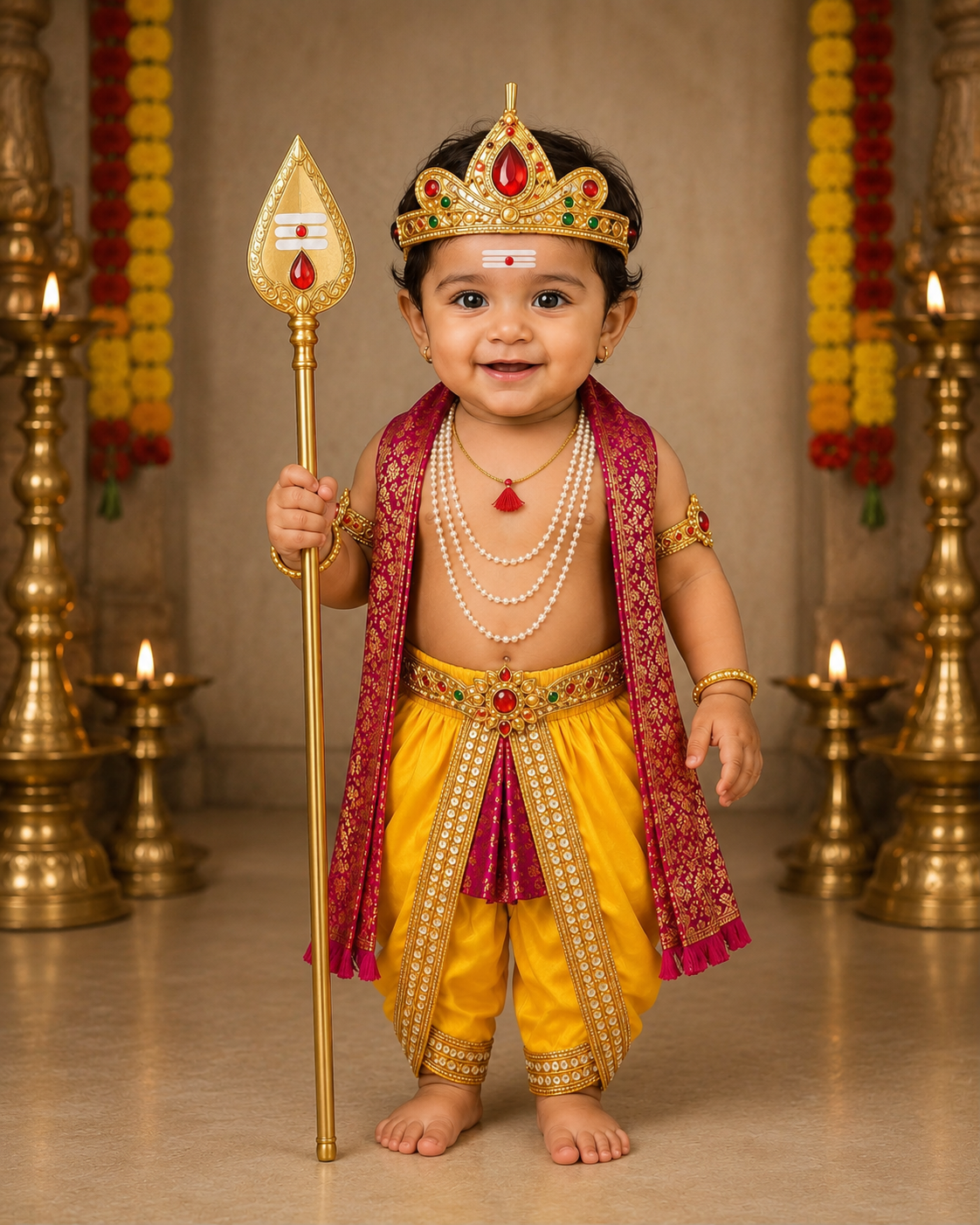 Baby Lord Murugan Fancy Dress Costume Set with  Crown & Temple Jewellery | Premium Traditional Kids Devotional, Lord, God Costume