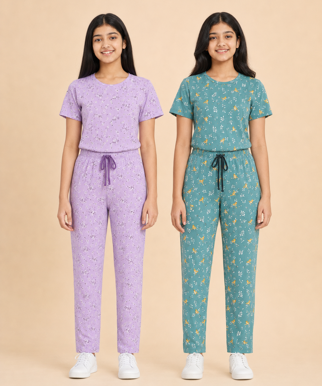 Girls Cotton All-Over Printed T-Shirt & Full-Length Pant Night Suit | Age - 9 to 15 Years | Pack of 2 Sets