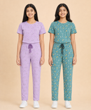 Girls Cotton All-Over Printed T-Shirt & Full-Length Pant Night Suit | Age - 9 to 15 Years | Pack of 2 Sets