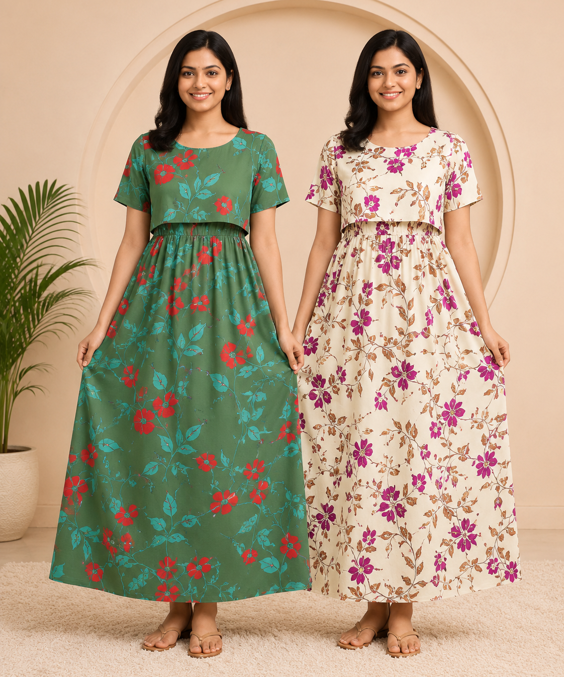 Maternity Feeding Maxi Dress | Nursing Friendly Nighty Style (Pack of 2 Pieces)