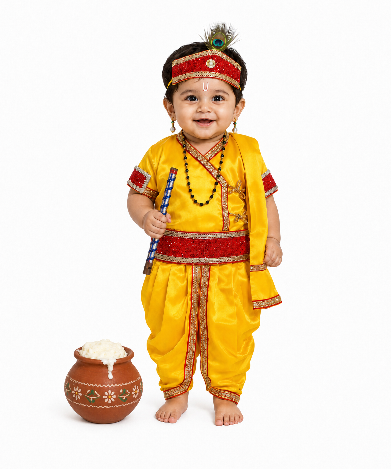 Janmashtami Krishna Fancy Dress Costume for Boys & Girls with Top & Bottom | 0 to 10 Years | Littile Krishna Outfit with Crown, Flute & Accessories