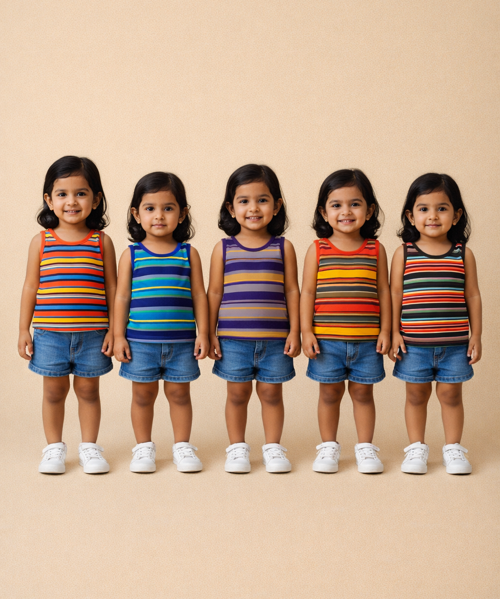 Cotton Stripes Kids Girls Sleeveless T-shirt (Pack of 5)