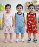 Boys Cotton Cartoon Printed Kids Sleeveless Set Combo | Age 0 to 3 Years | T-shirt & Shorts (Combo Set Pack of 3)