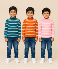 Kids Boys Full Sleeve Hi-Neck Stripes Rib T-shirt | Age 9 to 24 Months | Pack of 3 Pieces