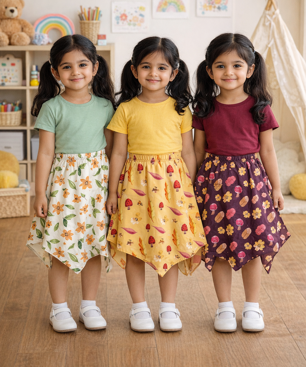 Cotton Fish Midi Floral Printed Skirt | Casual wear for Girl Kids Age 2 To 9 Years (Pack of 3)