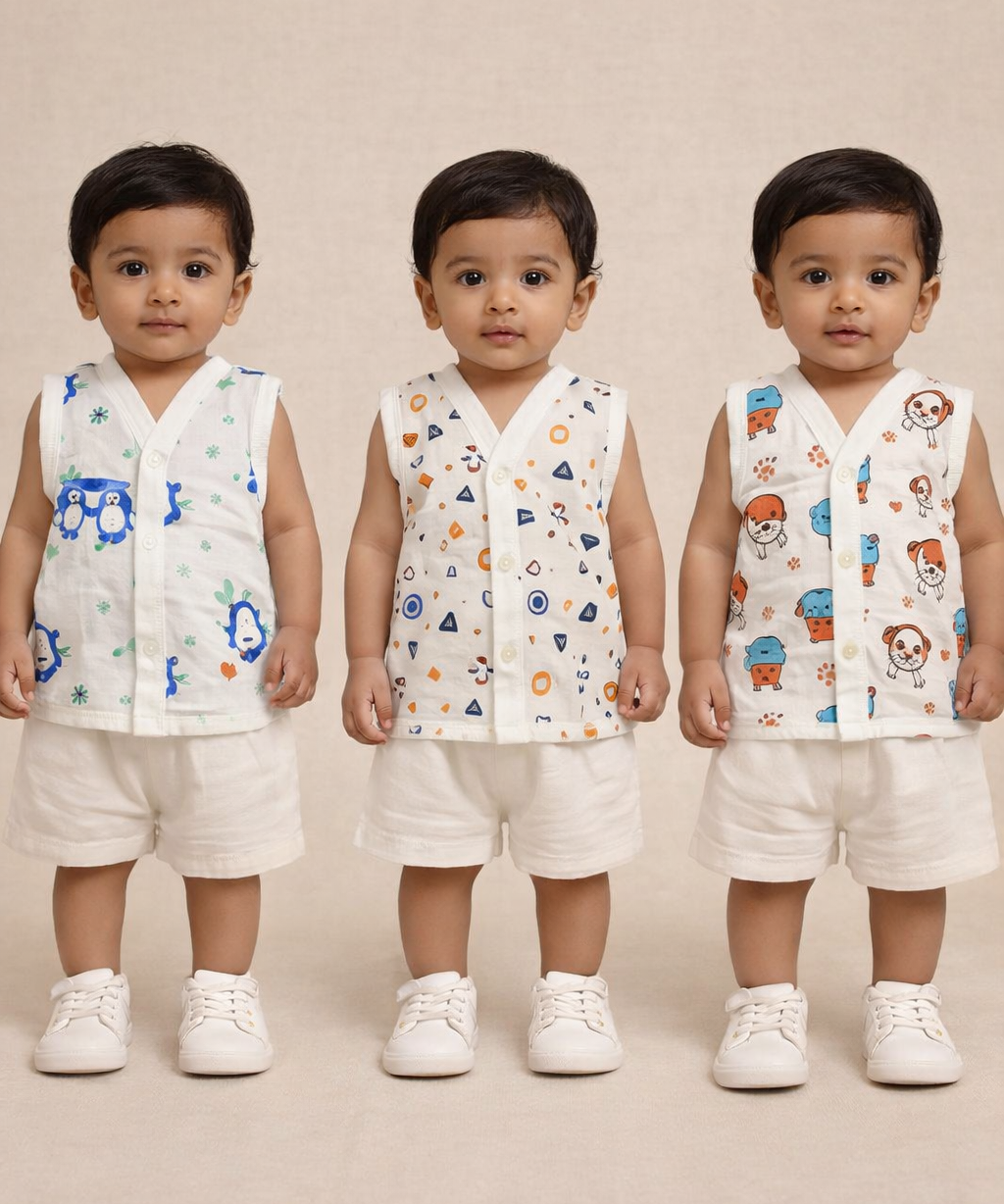 Baby Boys Sleeveless Muslin Cotton Printed Jebla Vest | 3–6 Months (Pack of 3)