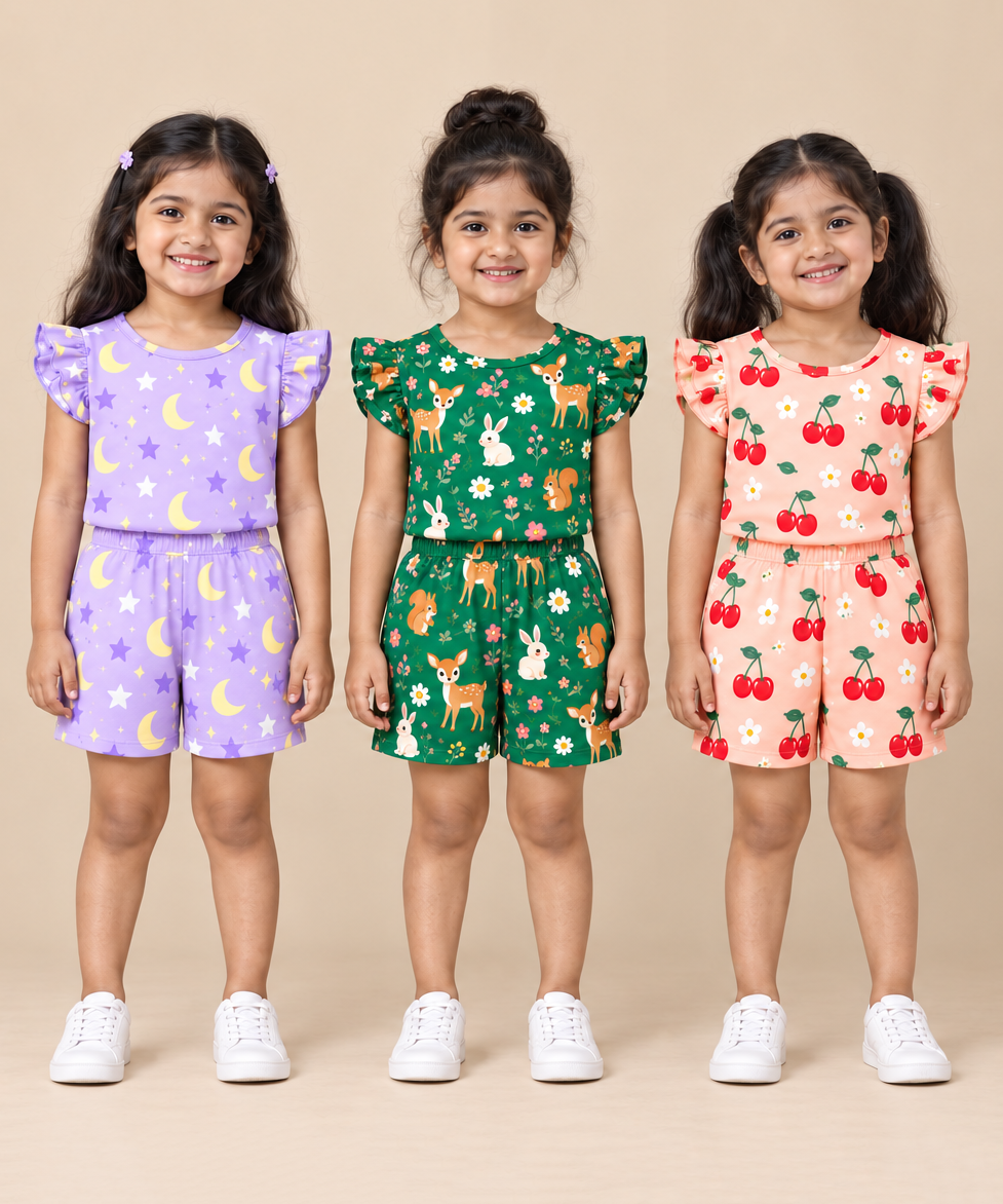 Girls All Over Printed | Flutter Sleeve Tshirt and Shorts Co-ord Set | Age 0 to 3 Years (Pack of 3 Sets)