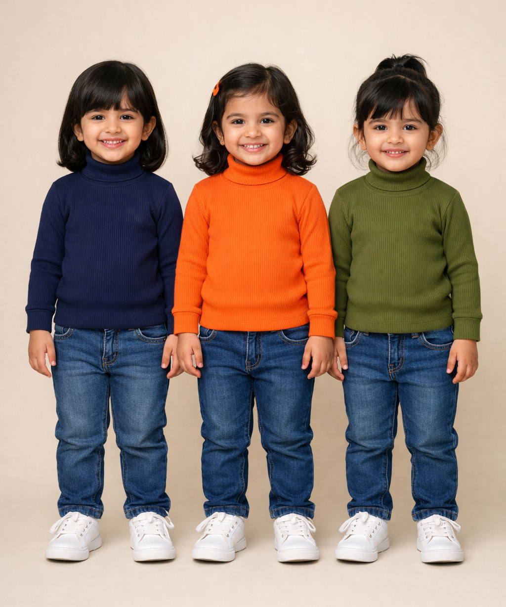 Kids Girls Full Sleeve Hi-Neck Plain Rib T-shirt | Age 0 to 5 Years (Pack of 3)