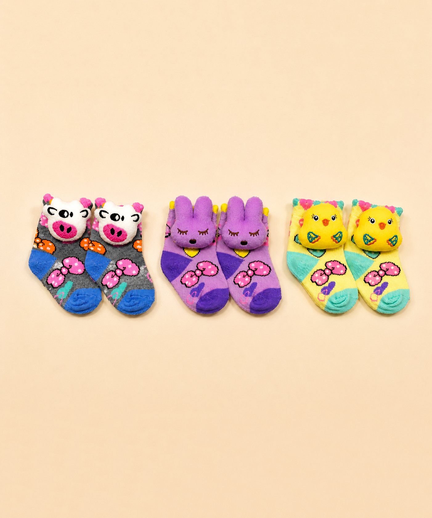 Cute Cartoon Animal Baby Kids Ankle Socks | Age 0-12 Months | Soft Cotton Anti-Slip Toddler Socks for Boys & Girls | 3 Pack Combo