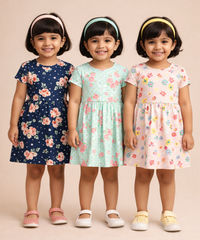 Girl Kids Frock 100% Cotton Floral Printed Gown Dress/Frock Dress | Age 1 to 8 Years (Pack of 3 Pieces)