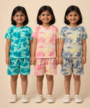 Kids Girls Tie-Dye Cloud Print Cotton T-Shirt & Shorts Co-ord Set | Pack of 3 Pieces | Age 1–4 Years