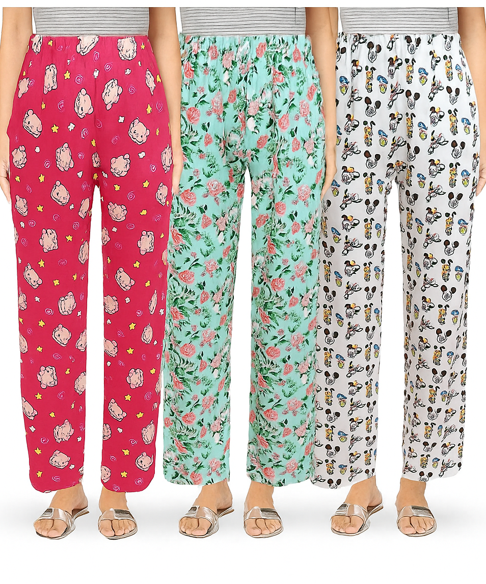 Women's 100% Printed Soft Cotton Night Wear - Pyjama (Pack of 3)