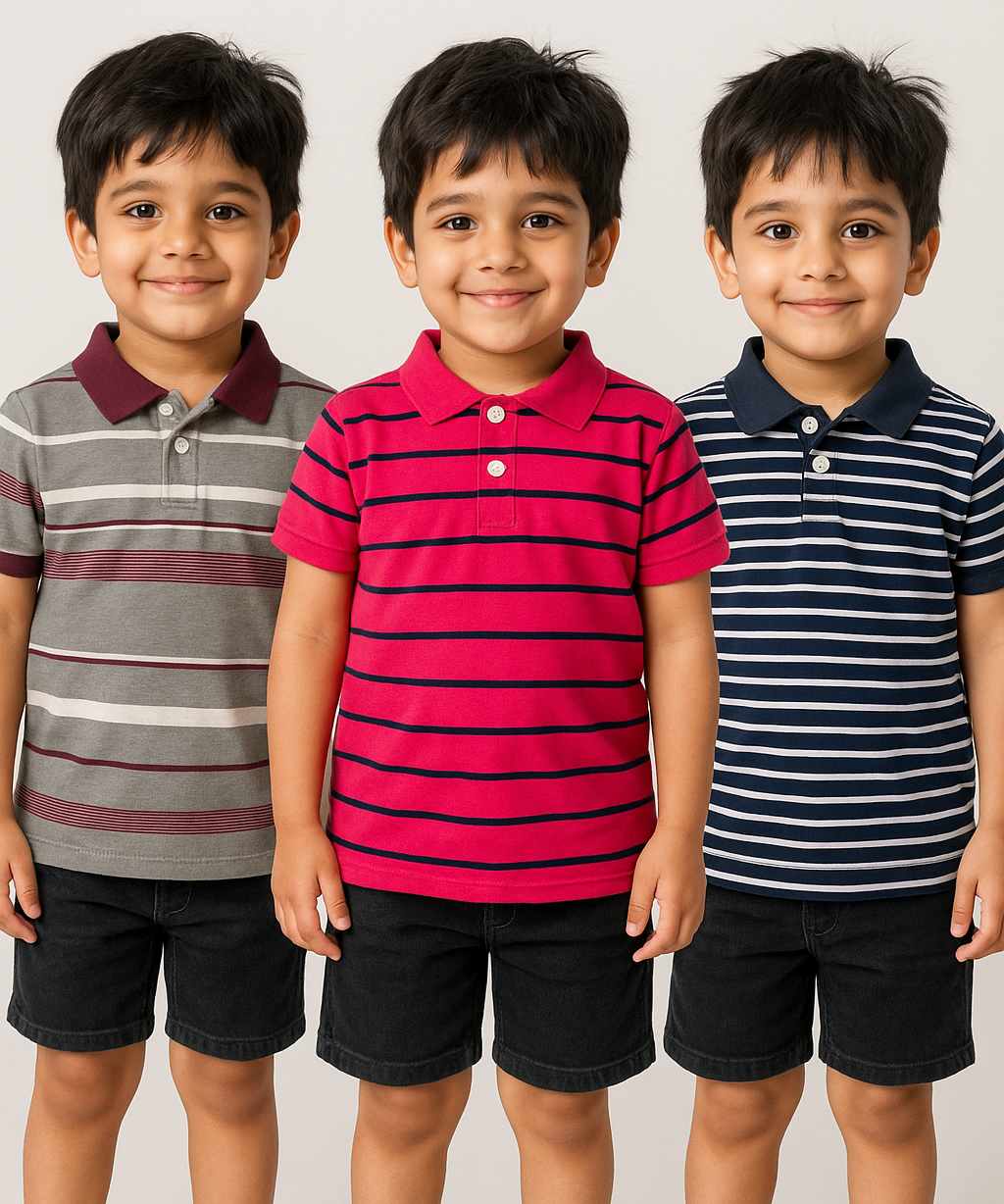 Boys 100% Cotton Printed  Half sleeve Polo T-Shirt (Pack Of 3)