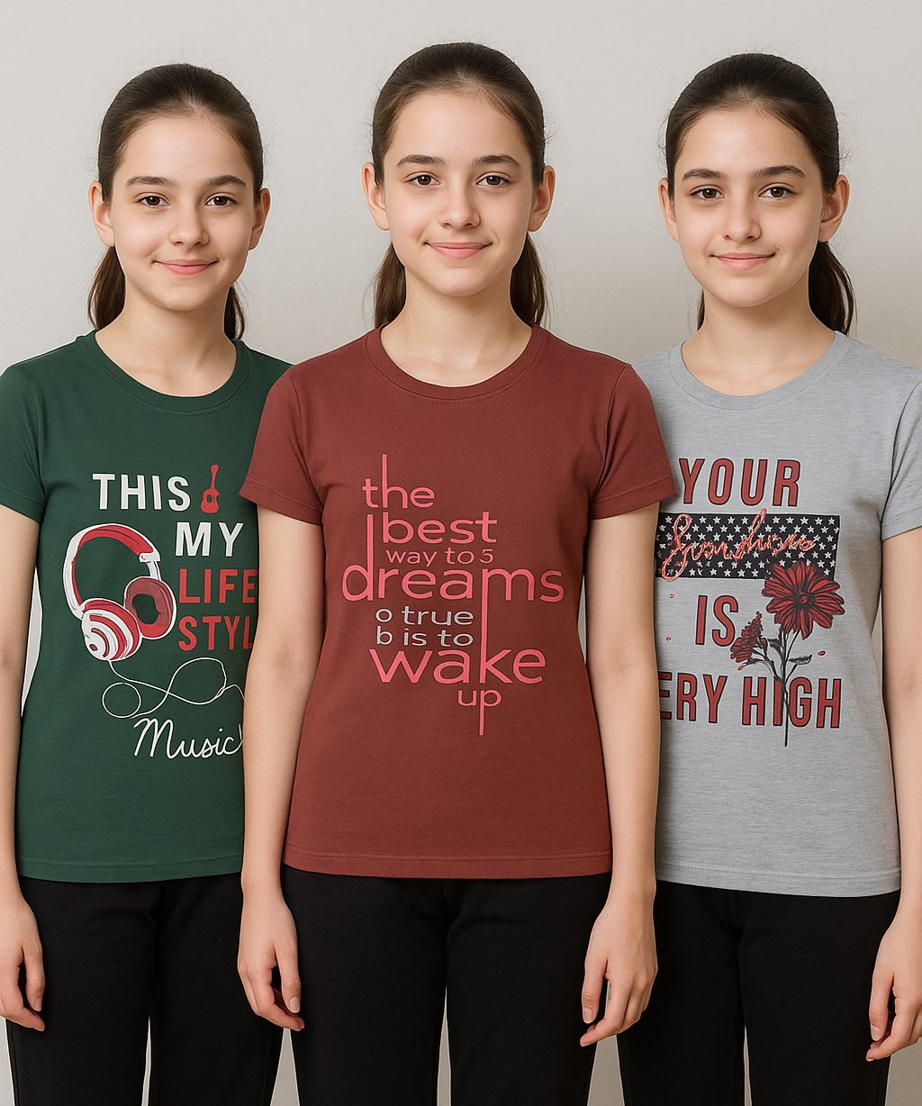 Womens's Half Sleeve Printed Round Neck Multicolor T-Shirt Combo (Pack of 3)