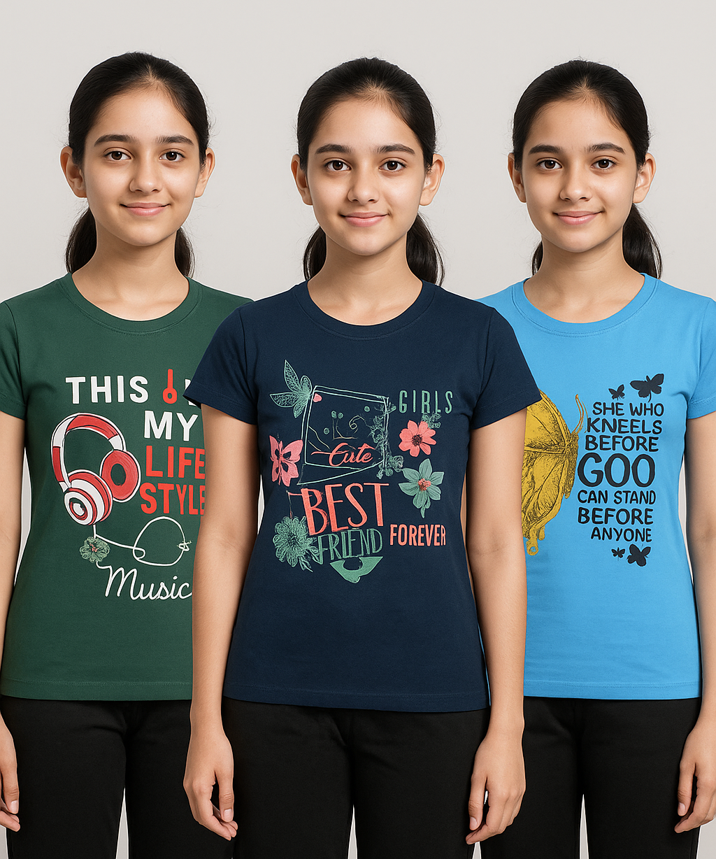 Womens's Half Sleeve Printed Round Neck Multicolor T-Shirt Combo (Pack of 3)