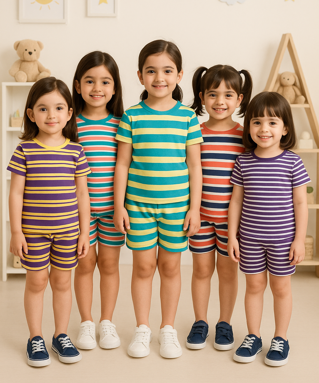 Girls Cotton Stripes Kids Co-ord Set Combo / Age 1-4 Years (Tshirt & Shorts Set Pack of 3)