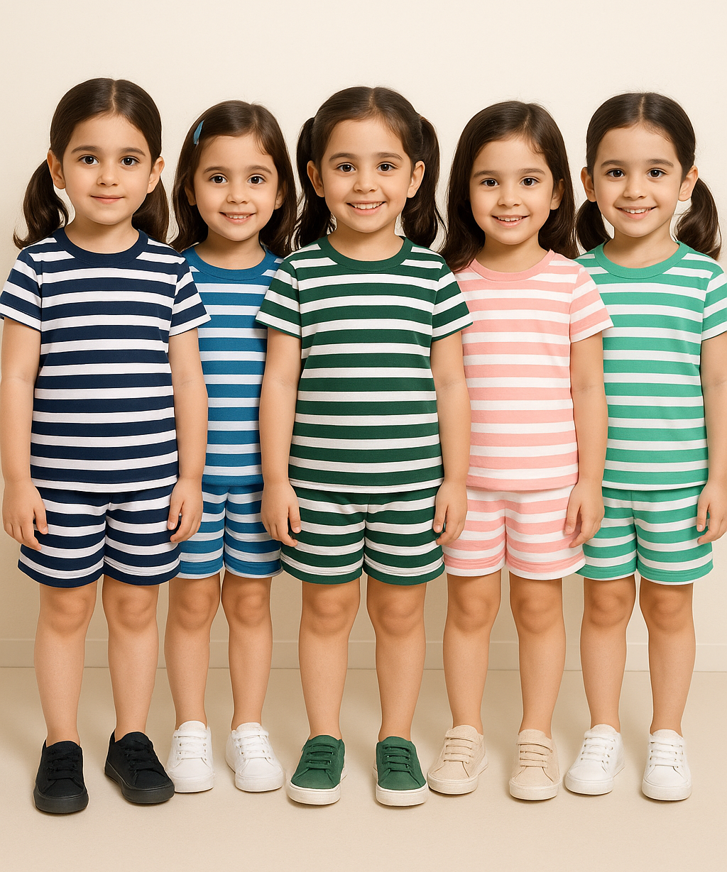 Girls Cotton Stripes Kids Co-ord Set Combo / Age 1-4 Years (Tshirt & Shorts Set Pack of 3)