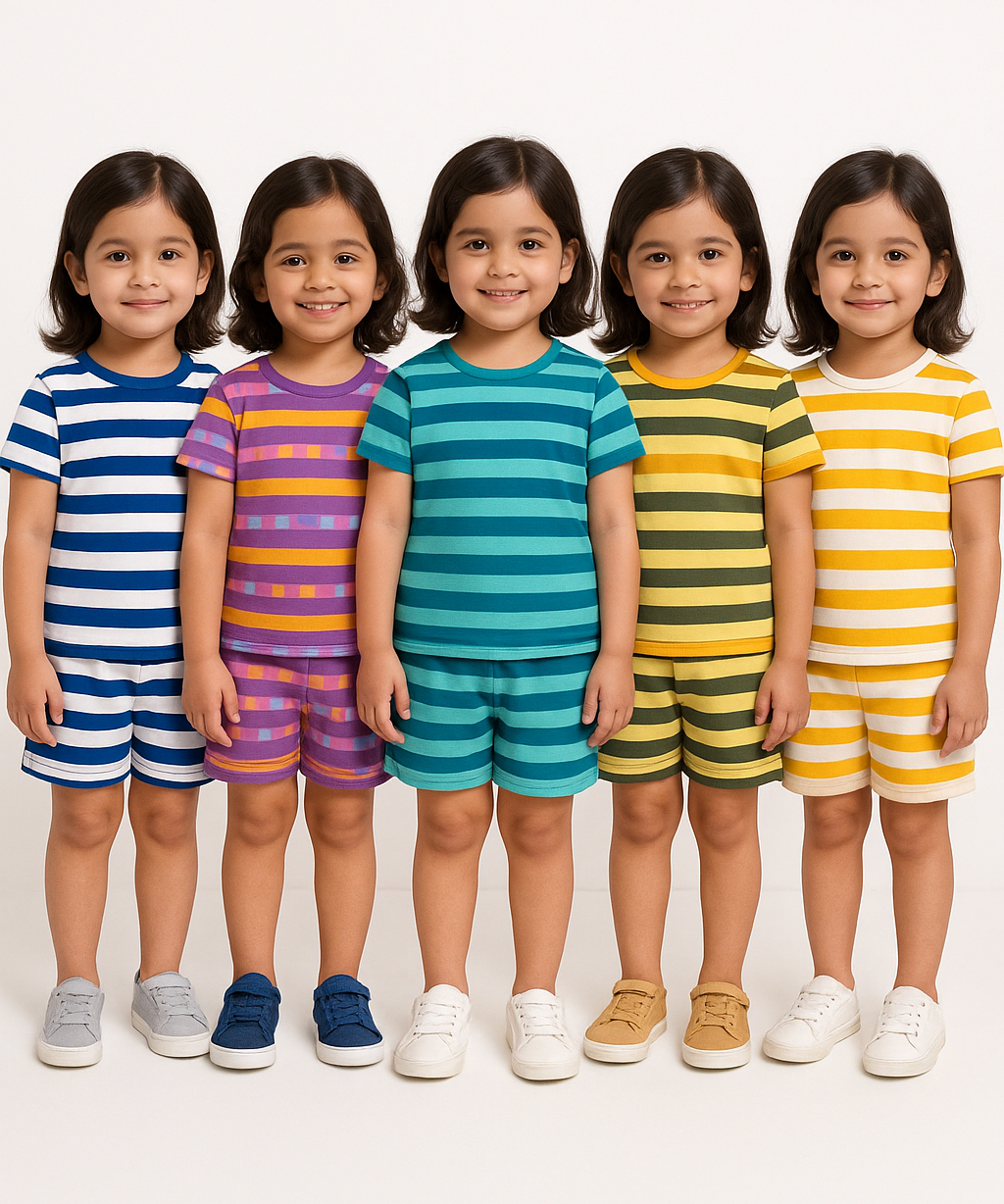 Girls Cotton Stripes Kids Co-ord Set Combo / Age 1-4 Years (Tshirt & Shorts Set Pack of 3)