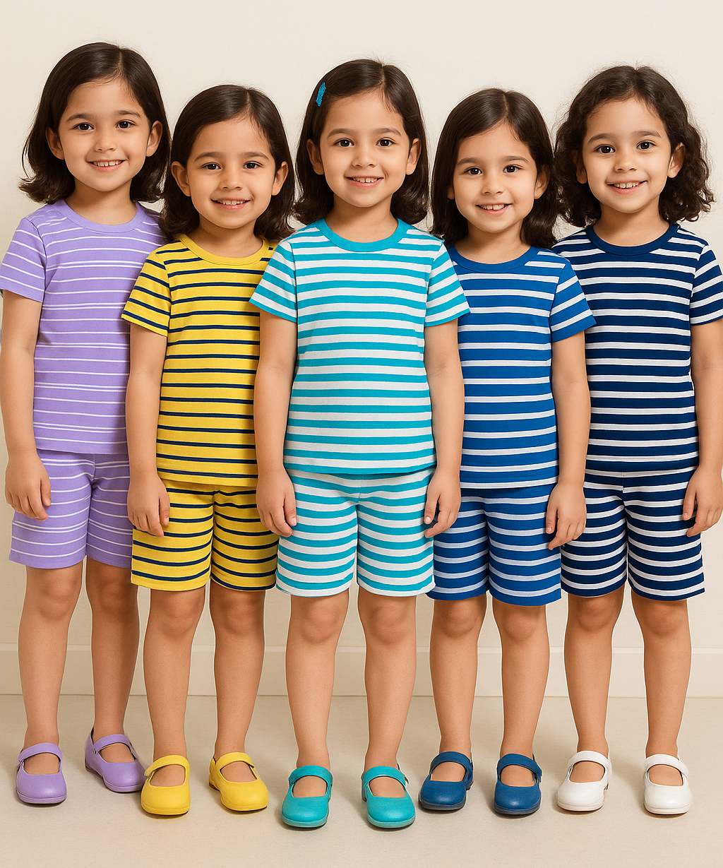 Girls Cotton Stripes Kids Co-ord Set Combo / Age 1-4 Years (Tshirt & Shorts Set Pack of 3)