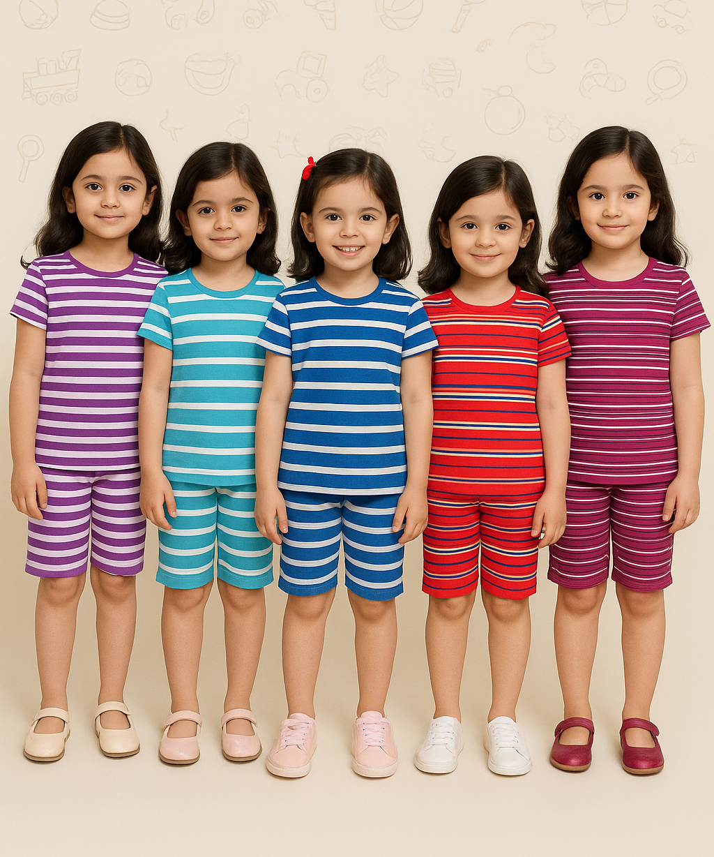 Girls Cotton Stripes Kids Co-ord Set Combo / Age 1-4 Years (Tshirt & Shorts Set Pack of 3)