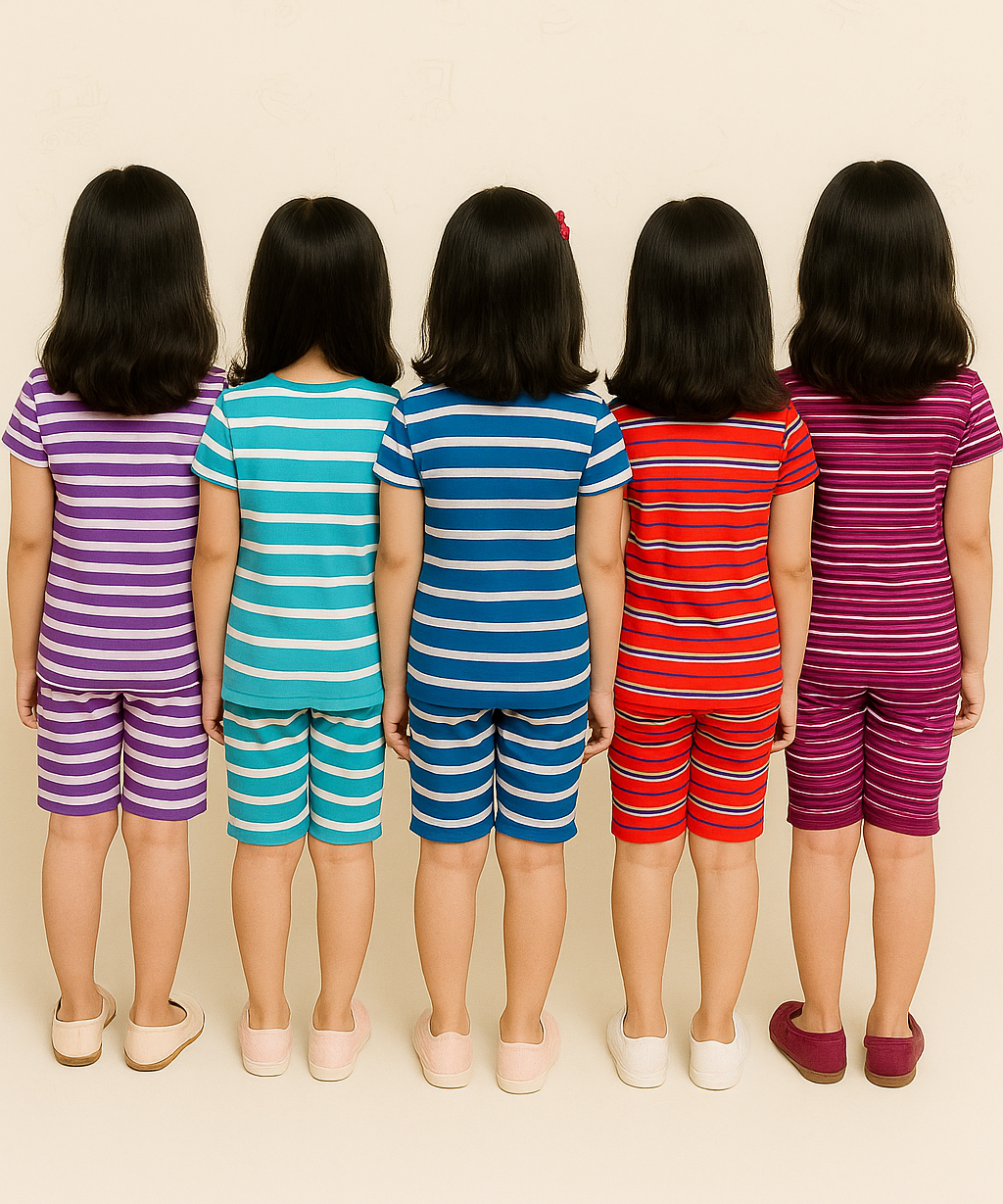 Girls Cotton Stripes Kids Co-ord Set Combo / Age 1-4 Years (Tshirt & Shorts Set Pack of 3)