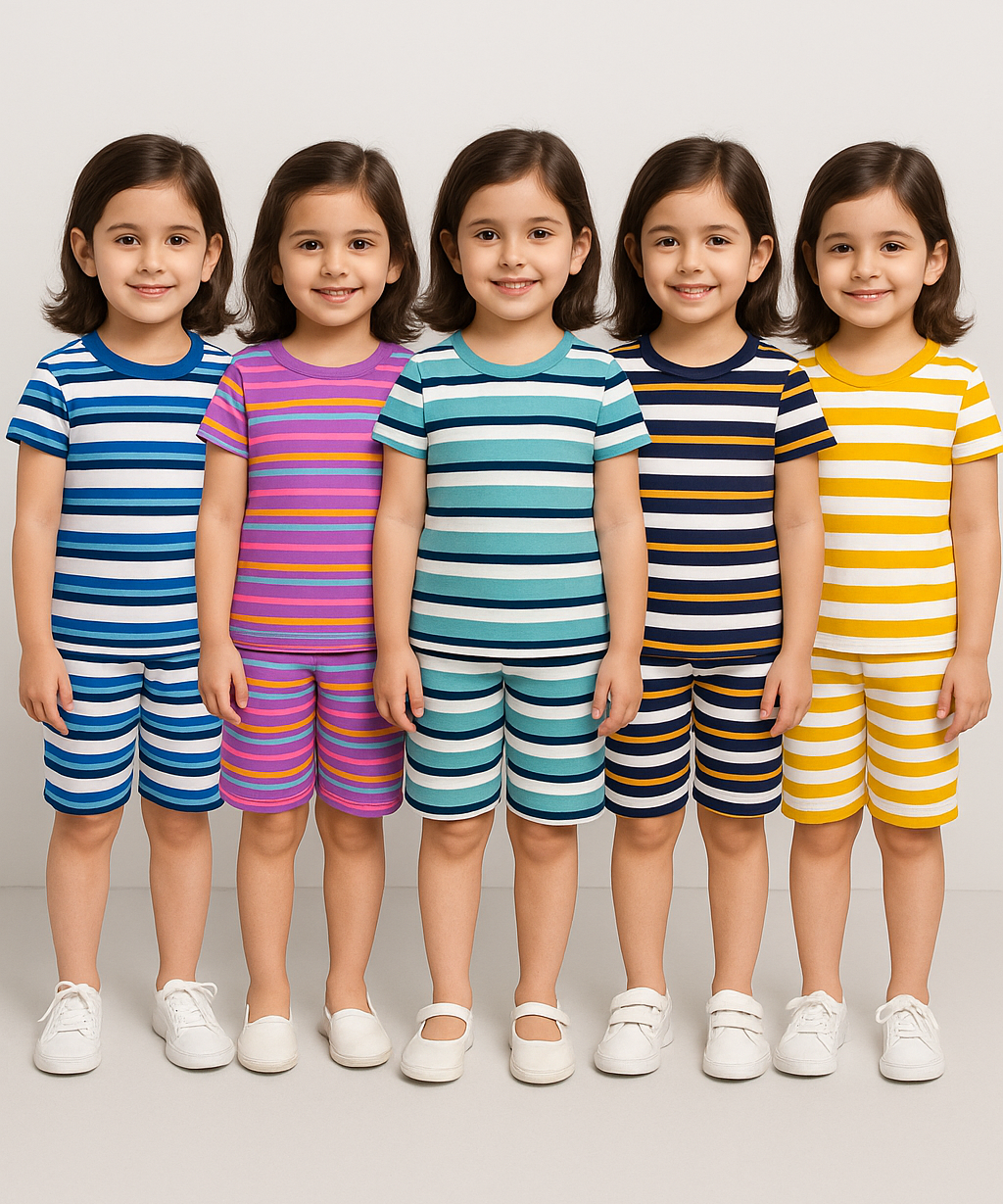 Girls Cotton Stripes Kids Co-ord Set Combo / Age 1-4 Years (Tshirt & Shorts Set Pack of 3)