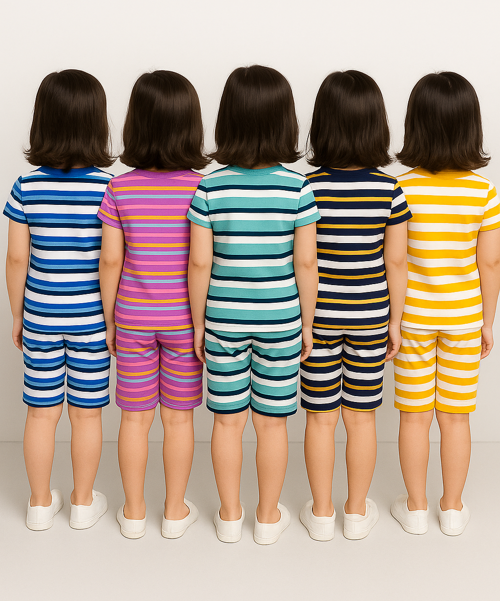 Girls Cotton Stripes Kids Co-ord Set Combo / Age 1-4 Years (Tshirt & Shorts Set Pack of 3)