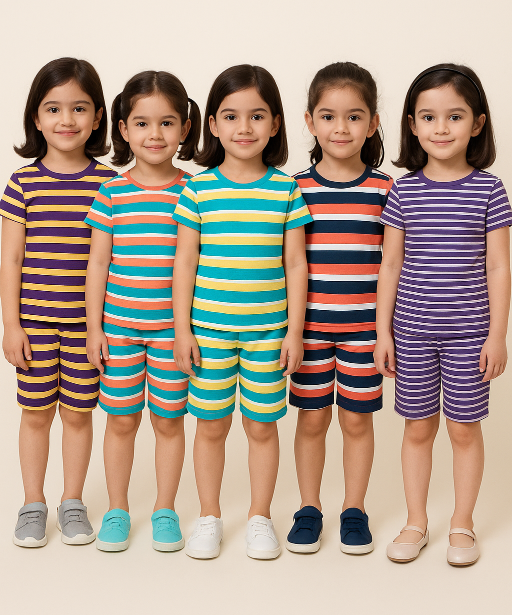 Girls Cotton Stripes Kids Co-ord Set Combo / Age 1-4 Years (Tshirt & Shorts Set Pack of 3)