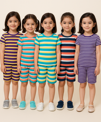 Girls Cotton Stripes Kids Co-ord Set Combo / Age 1-4 Years (Tshirt & Shorts Set Pack of 3)