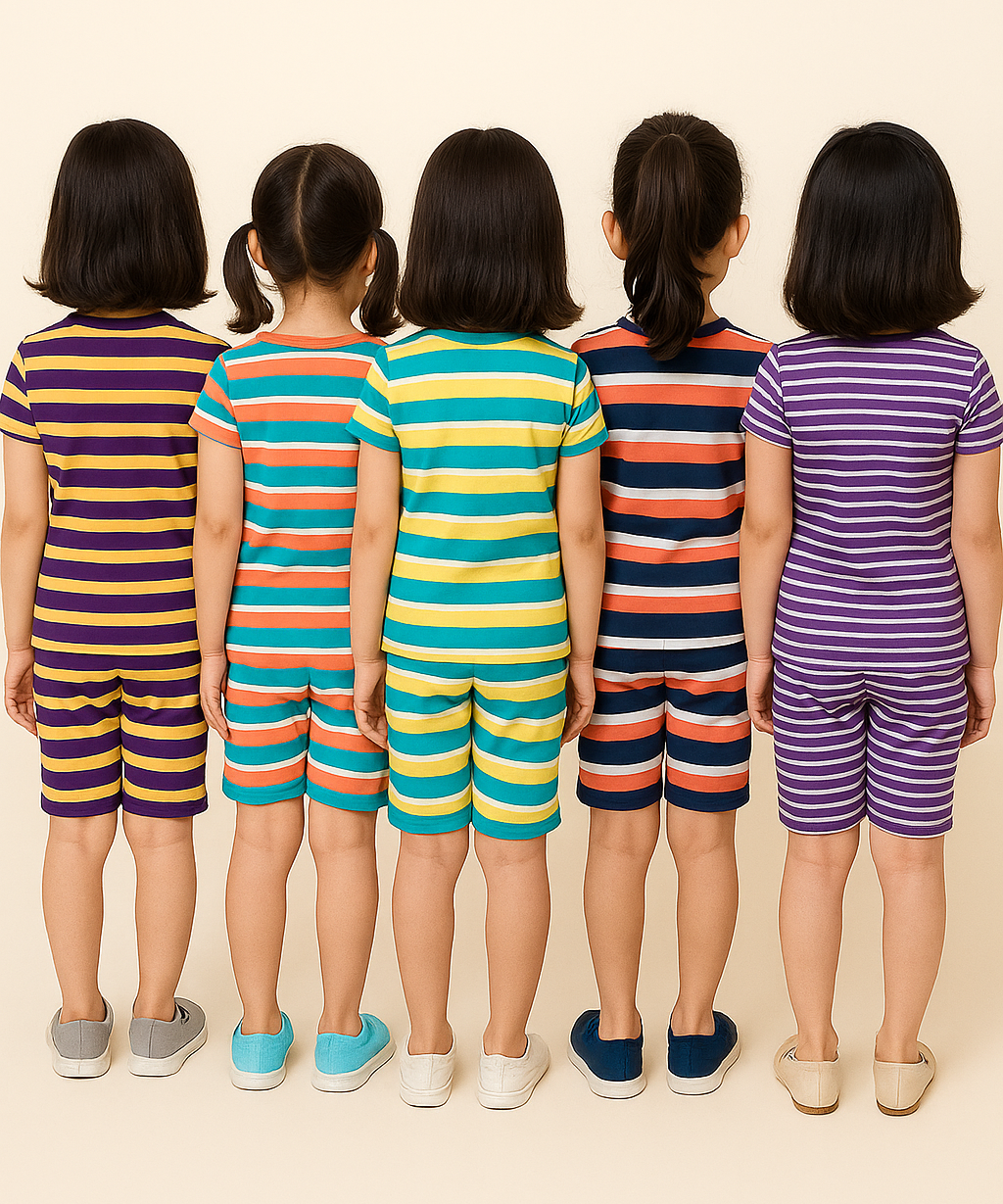 Girls Cotton Stripes Kids Co-ord Set Combo / Age 1-4 Years (Tshirt & Shorts Set Pack of 3)