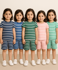 Girls Cotton Stripes Kids Co-ord Set Combo / Age 1-4 Years (Tshirt & Shorts Set Pack of 3)