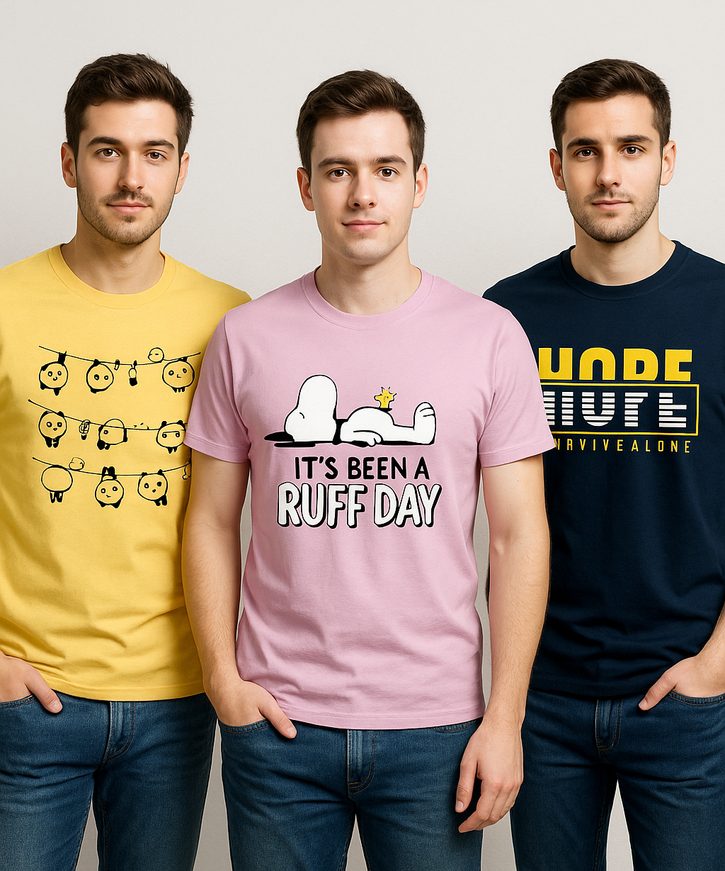 Men's Half Sleeve Printed Round Neck T-Shirt Combo (Pack of 3)