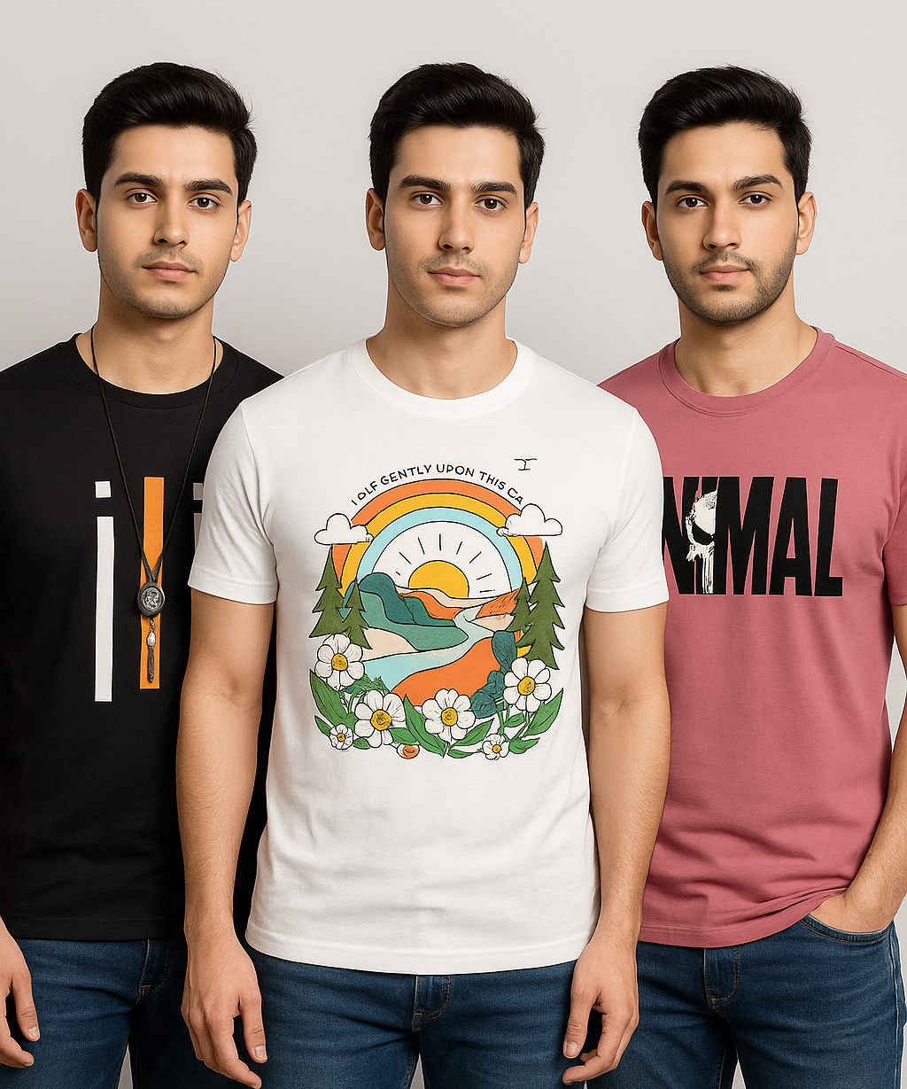 Men's Half Sleeve Printed Round Neck T-Shirt Combo (Pack of 3)