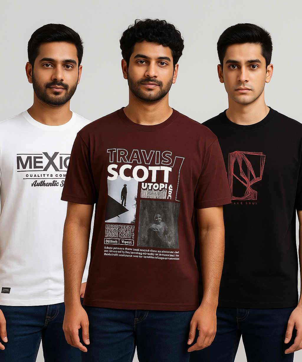 Men's Half Sleeve Printed Round Neck T-Shirt Combo (Pack of 3)