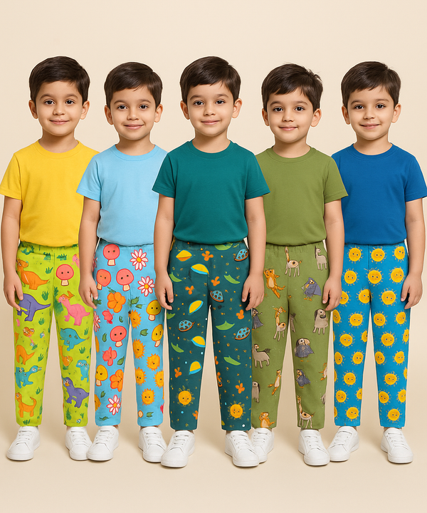 Pure Cotton Boys Printed Track Pant for Casual Night wear for Kids | Age 0 To 8 Years (Pack of 5)