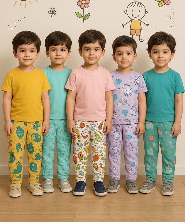 Pure Cotton Boys Printed Track Pant for Casual Night wear for Kids | Age 0 To 8 Years (Pack of 5)