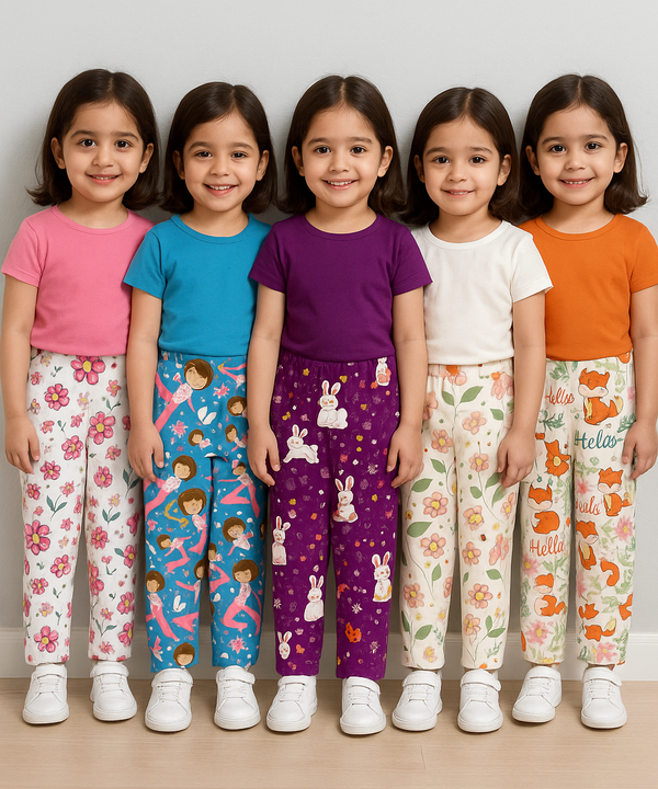 Pure Cotton Girls Printed Track Pant for Casual Night wear for Kids | Age 0 To 8 Years (Pack of 5)