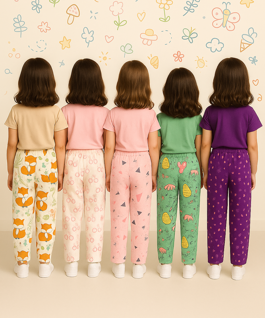 Pure Cotton Printed Pyjamas / Track Pant for Casual Night wear for Girl Kids Age 0 To 5 Years (Pack of 5)