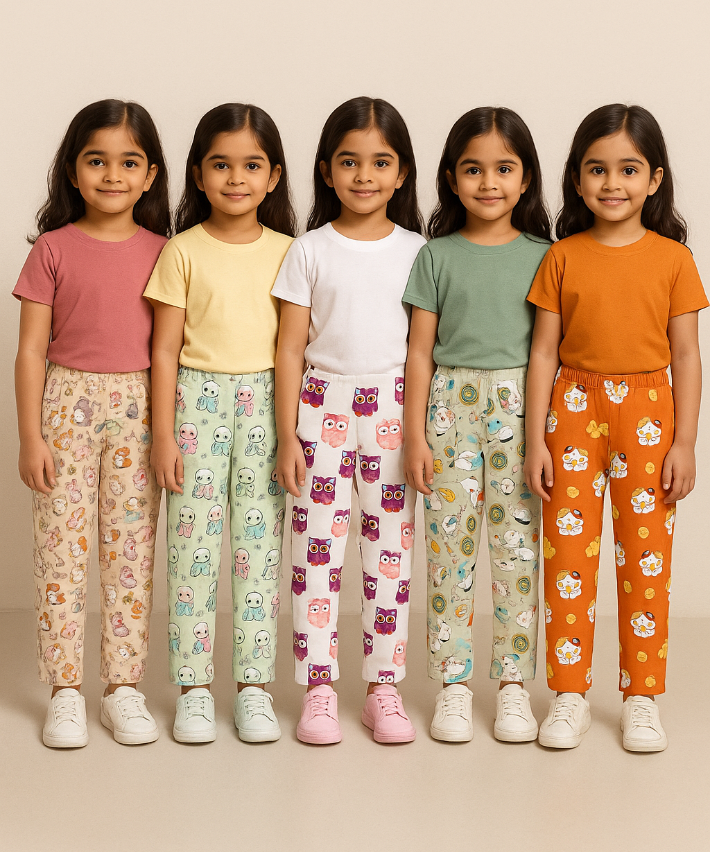 Pure Cotton Printed Pyjamas / Track Pant for Casual Night wear for Girl Kids Age 0 To 5 Years (Pack of 5)