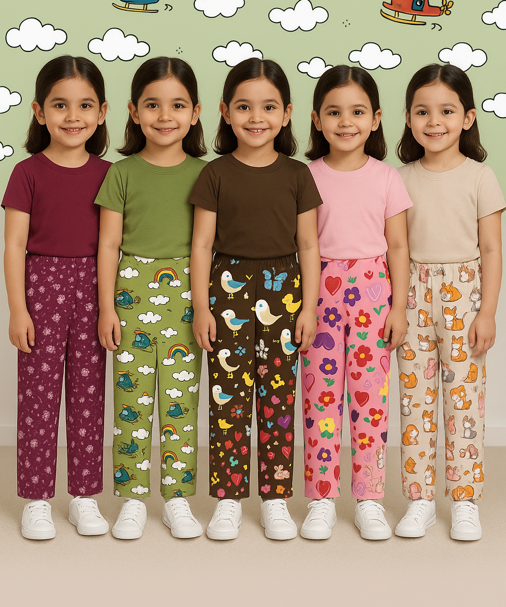 Pure Cotton Printed Pyjamas / Track Pant for Casual Night wear for Girl Kids Age 0 To 5 Years (Pack of 5)