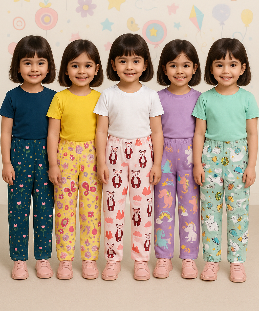 Pure Cotton Printed Pyjamas / Track Pant for Casual Night wear for Girl Kids Age 0 To 5 Years (Pack of 5)