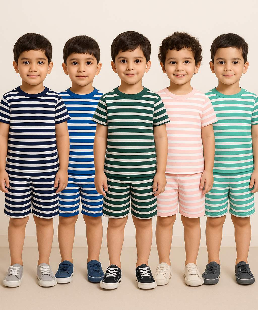 Boys Cotton Stripes Kids Co-ord Set Combo / Age 1-4 Years (Tshirt & Shorts Set Pack of 5)